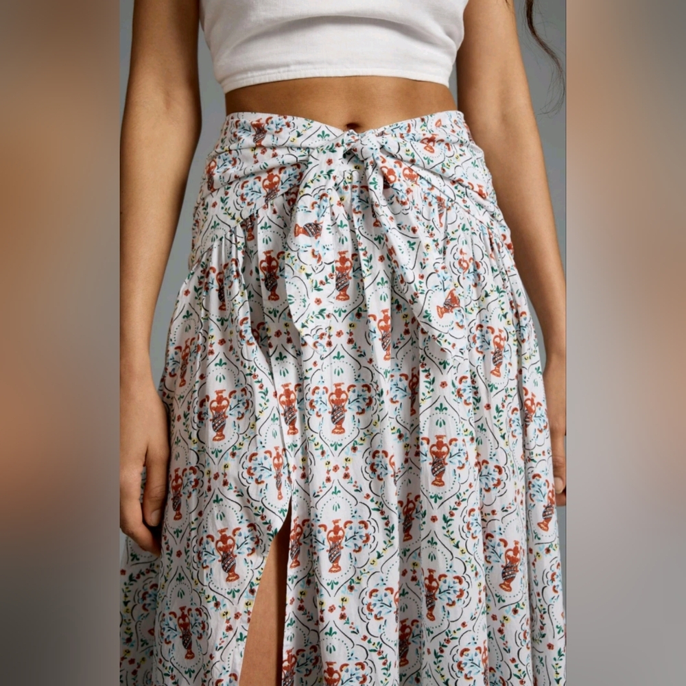 By Anthropologie Poplin Tie-Front Side-Slit Skirt